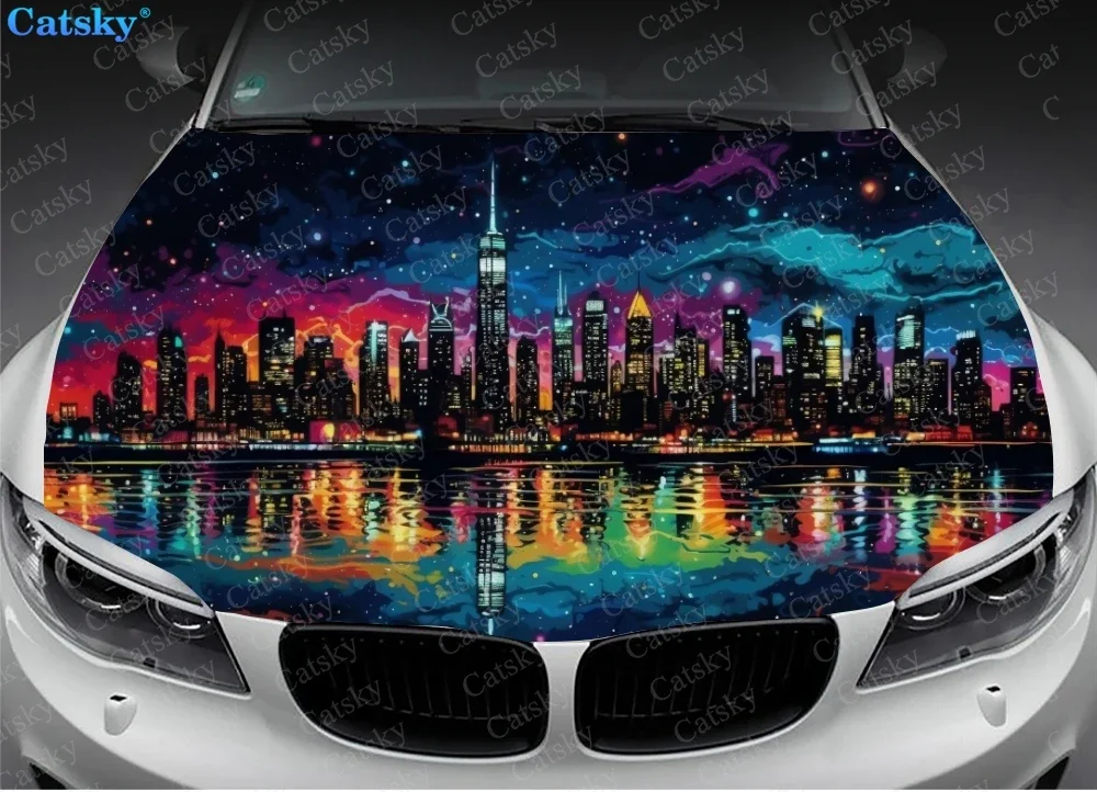 Colorful Night With Cityscape Car Hood Vinyl Stickers Wrap Vinyl Film Engine Cover Decals Sticker on Car Auto Accessories