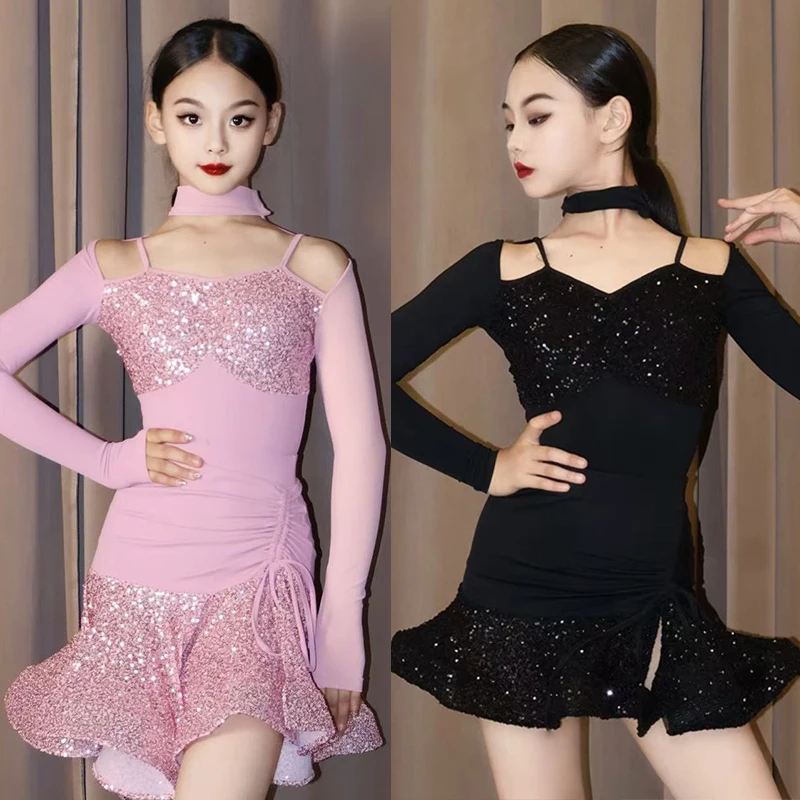 女の子ラテンダンスドレススパンコールブラックピンクパフォーマンス衣装長袖ドレススーツ子供ラテン競技ドレス