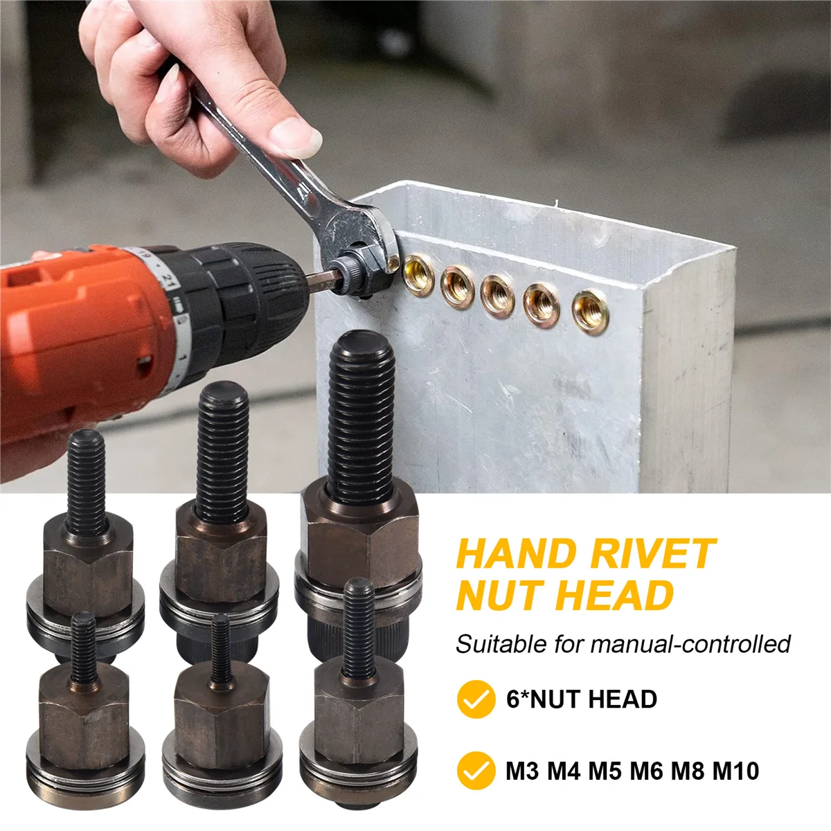 6Pcs Hand Rivet Nut Head Nuts Simple Installation Manual Riveter Rivnut Tool Accessory for Nuts M3 M4 M5 M6 M8 M10