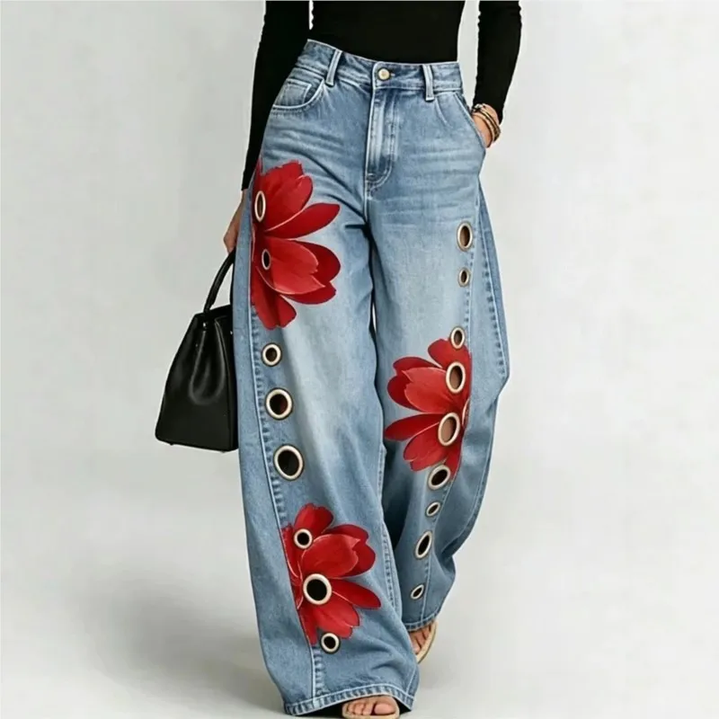 Women Faux Denim Floral Print Wide Leg Pants Autumn High Waist Eyelet Hole Decor Loose Trousers Vintage Street Fashion Long Pant