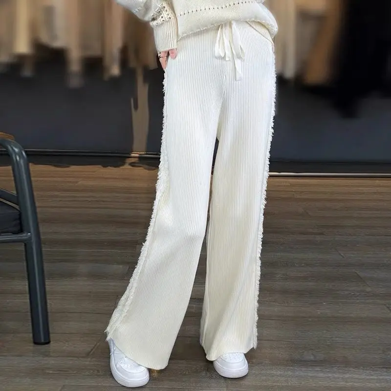 ขอบถักขากว้างฤดูใบไม้ร่วงฤดูหนาว Petite Draping Brushed กางเกงขาตรง