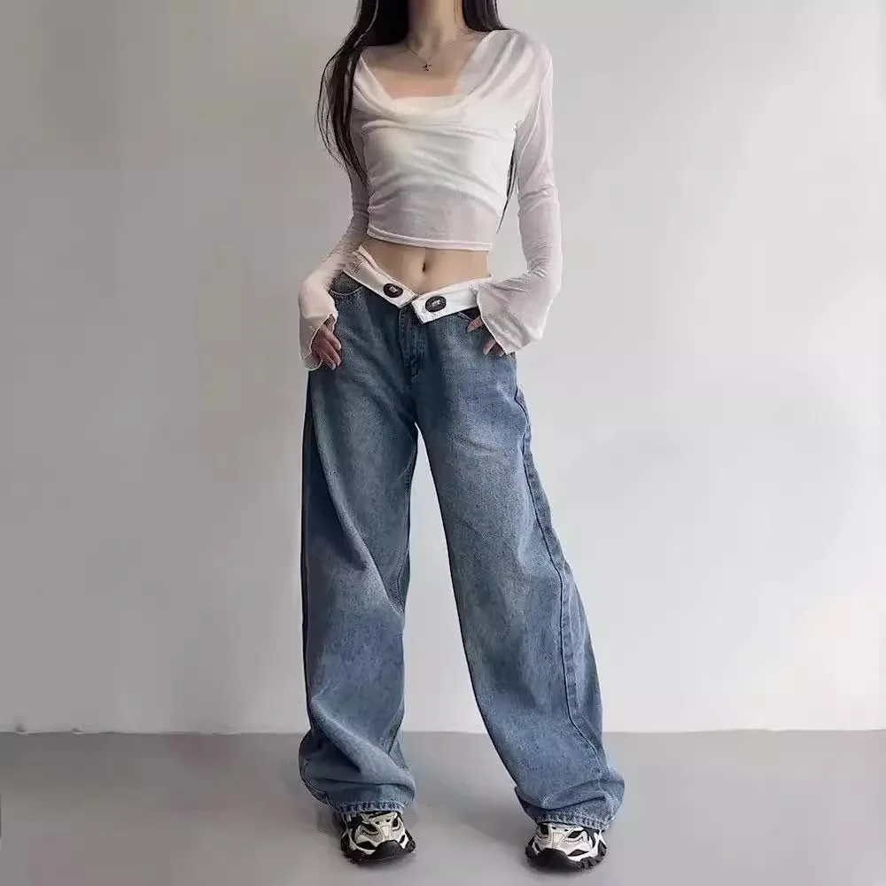 Y2k American Retro Jeans Waist Head Flanging Design Sense Ins Wide Leg Pants Loose Street Casual Straight Pants