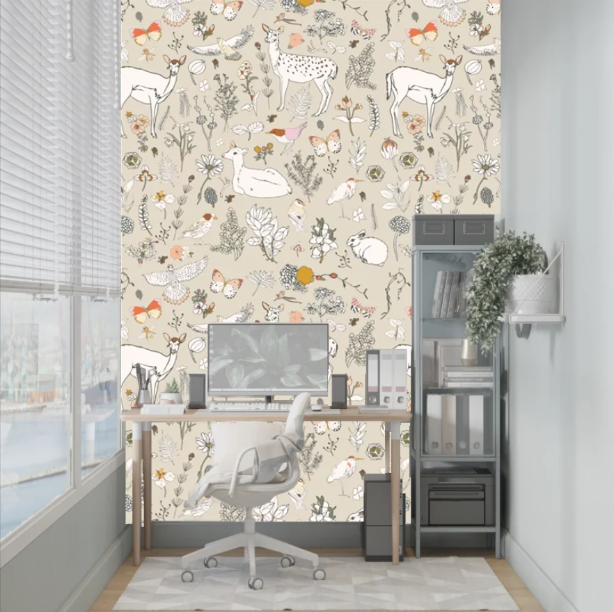 Customized size mural cartoon children's room animal and plant flat wallpaper home decoration squirrel deer decoration painting