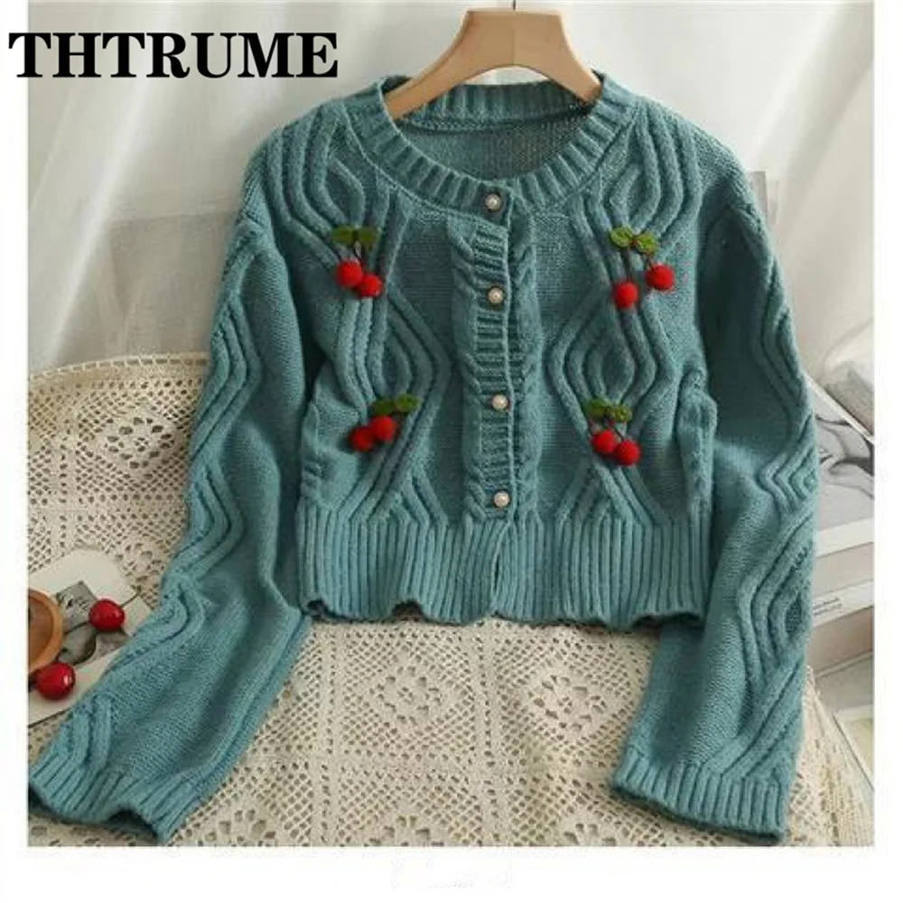 Sweet Women Cherry Knit Sweaters Fashion Women Autumn Long Sleeve Round Neck Jumpers Tops Casual Single Breasted Korean Cardigan