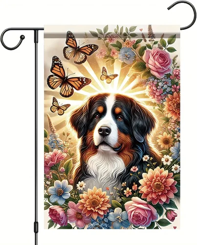 Welcome Spring Summer Garden Flag Floral Bernese Mountain Yard Flag Flower Dog G OOV IIC