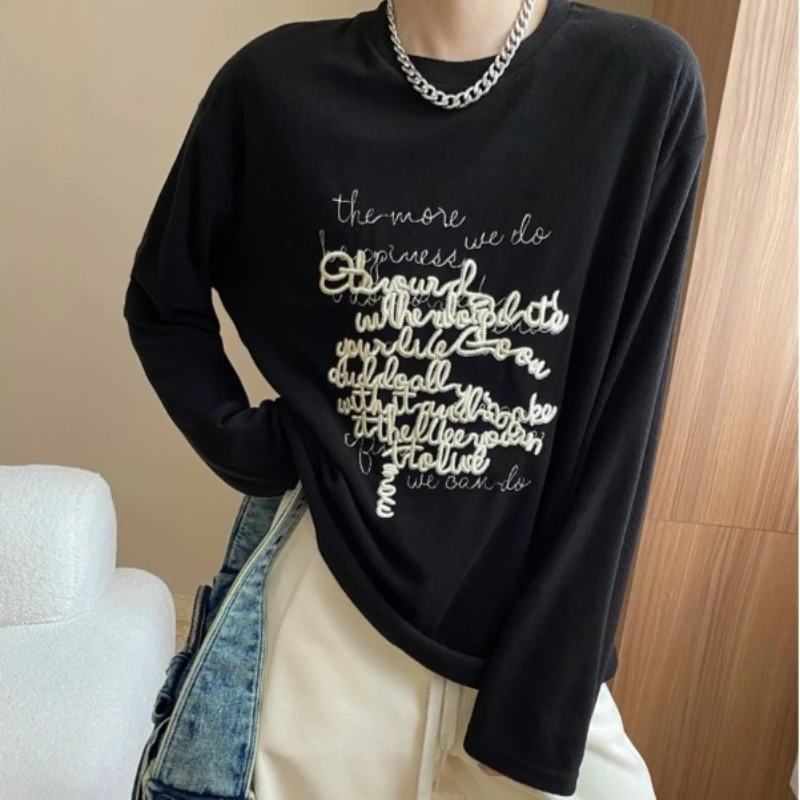 

Women Tops T Shirts Round Neck Full Sleeve Embroidery Top Y2k Streetwear Elegant Splice Knit Casual Loose Autumn Winter 2025