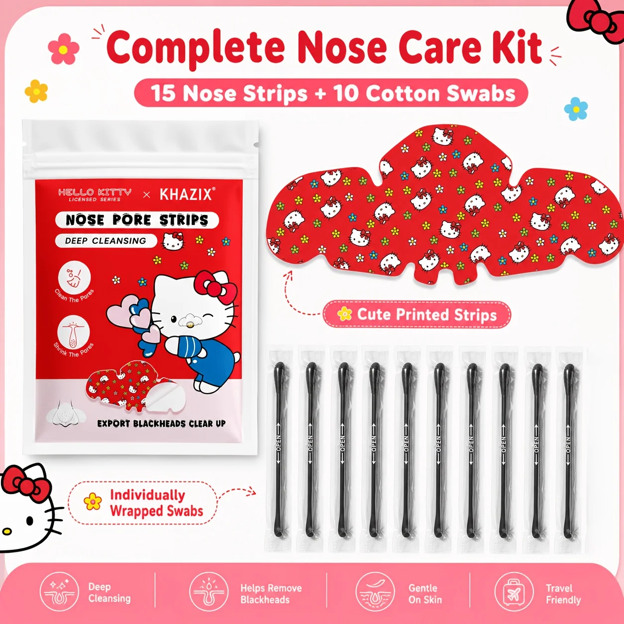 15PCS Red Hello Kitty Cartoon Nasal Patch, deeply cleans pores and gently exfoliates. Attached are 10 Cleaning tools image 2
