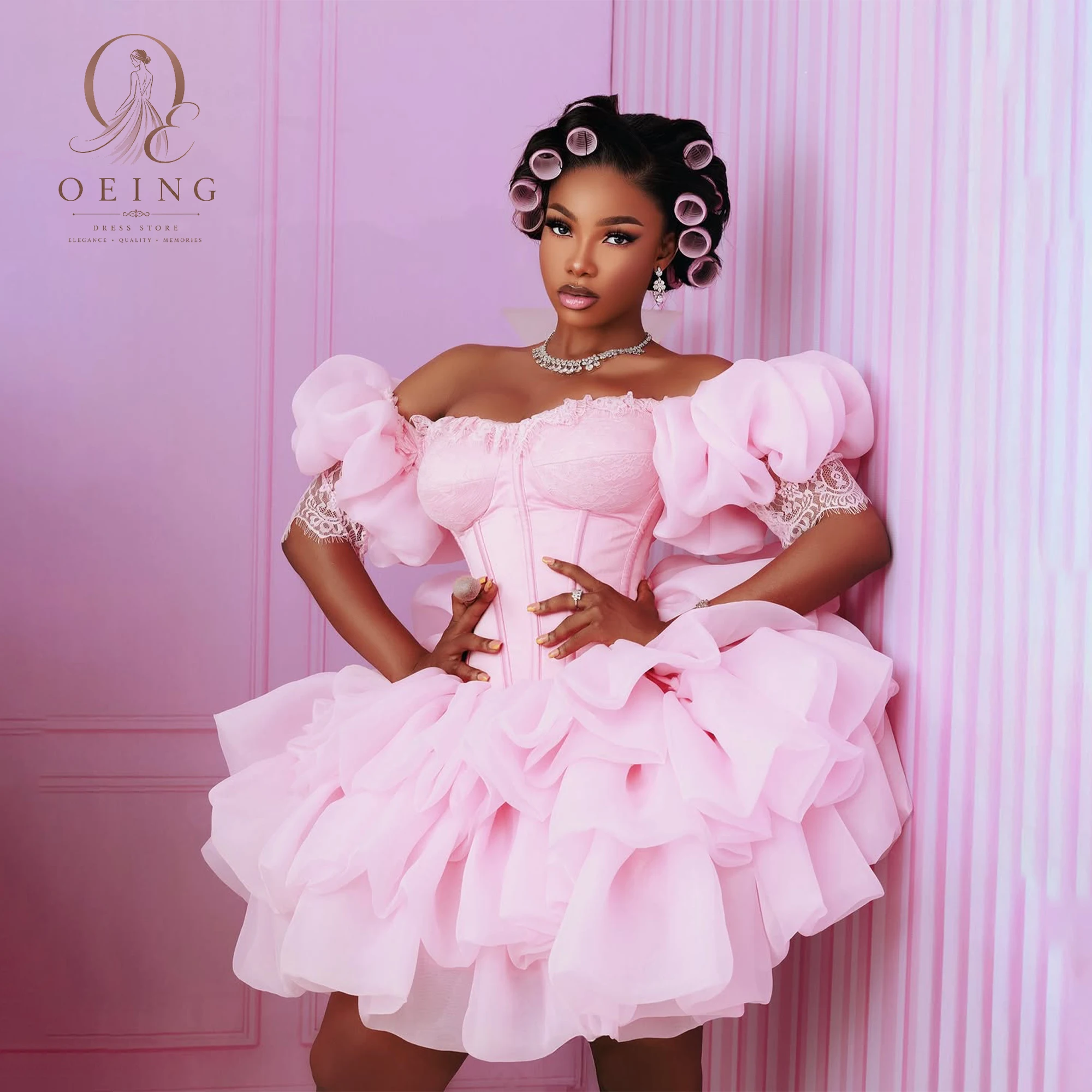 Pink Cocktail Party Gown Off Shoulder Puff Sleeve Ball Dress African Girl Tight Corset Back Homecoming Dresses Customized