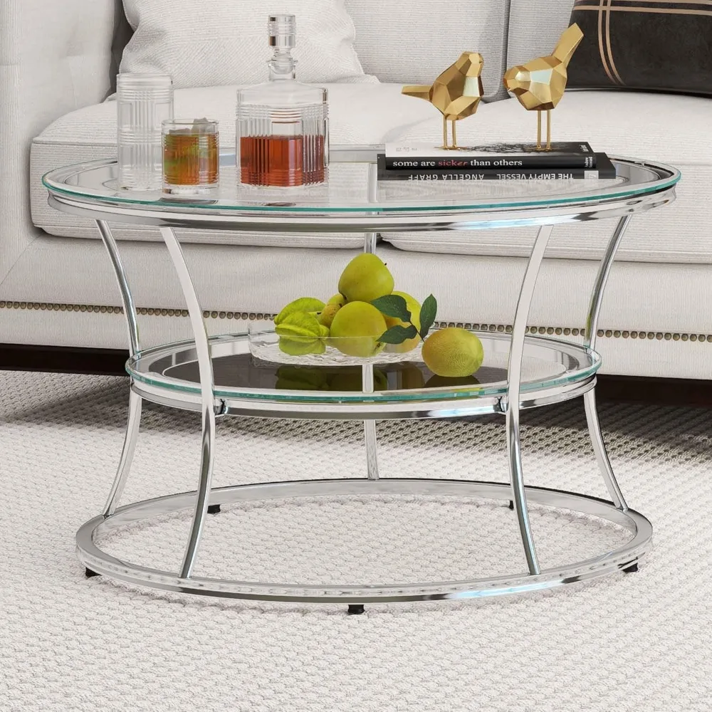 Modern 2-Tier Glass Coffee Table with Shelf, Tempered Glass and Chrome Frame for Living Room, Silver Centerpiece