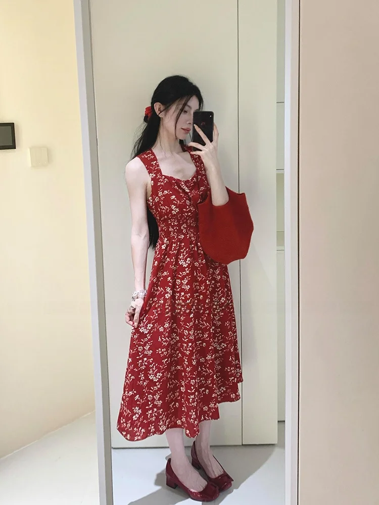 

Uomosi STAZF7 Retro Red Floral Print A-Line Midi Dress Women's Summer Square Collar Waist-Cinching Dress plus Size