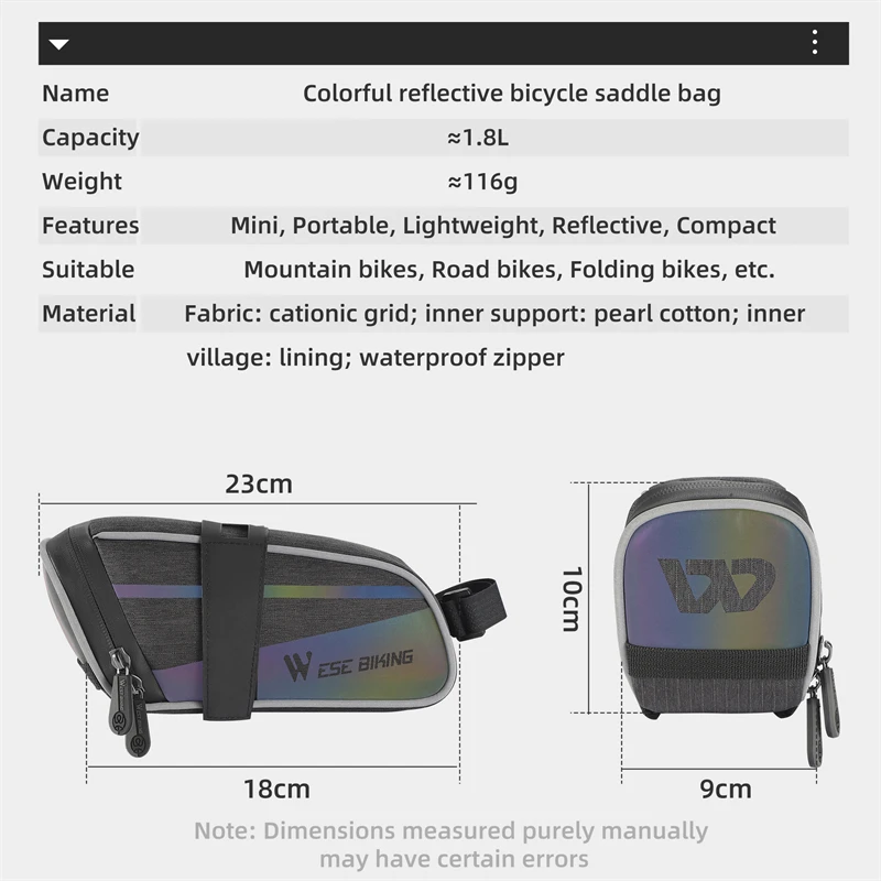 WEST BIKING 1.8L Bicycle Saddle Bag Storage MTB Road Bike Seat Reflective Tail Rear Pouch Bag Kit Tool Cycling Accessories