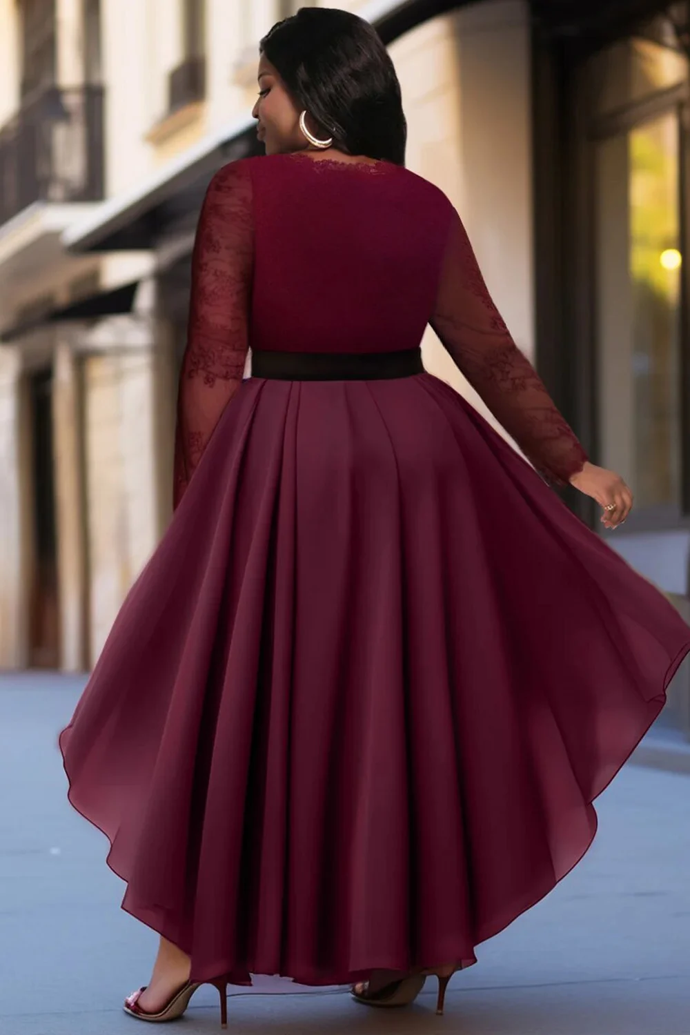 Plus Size Cocktail Party Chiffon Red V Neck Long Sleeve Tiered Asymmetric Hem Lace Midi Dresses