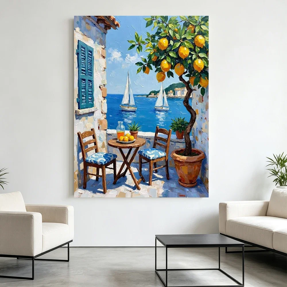 Mediterranean Wall Art Coastal Town Landscape Poster Print Seaside Terrace Lemon Tree Cat Sailboat Scenery Canvas Painting De