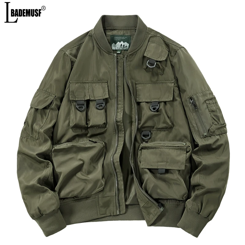 Spring Autumn New Man Multiple Pockets Tops Outdoors Man Loose Windbreaker Coats 2024 Solid Stand Collar Flight Suit Jackets Man