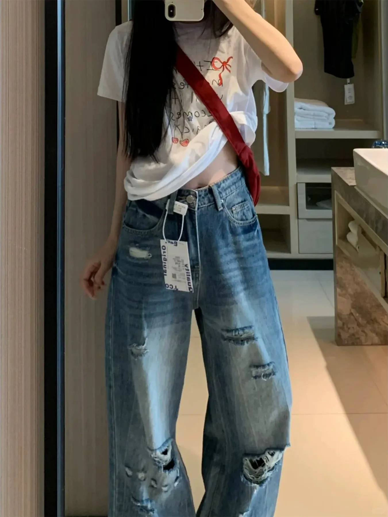 

Retro Washed Wide Leg Denim Jeans Women's High Waist Loose Fitting Hole Design Slimming Straight Long Pants American Style