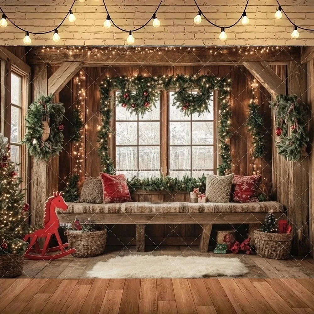 

Christmas holiday gifts indoor photography Backdrop, Christmas tree wooden horse children's home decoration photography Backdrop