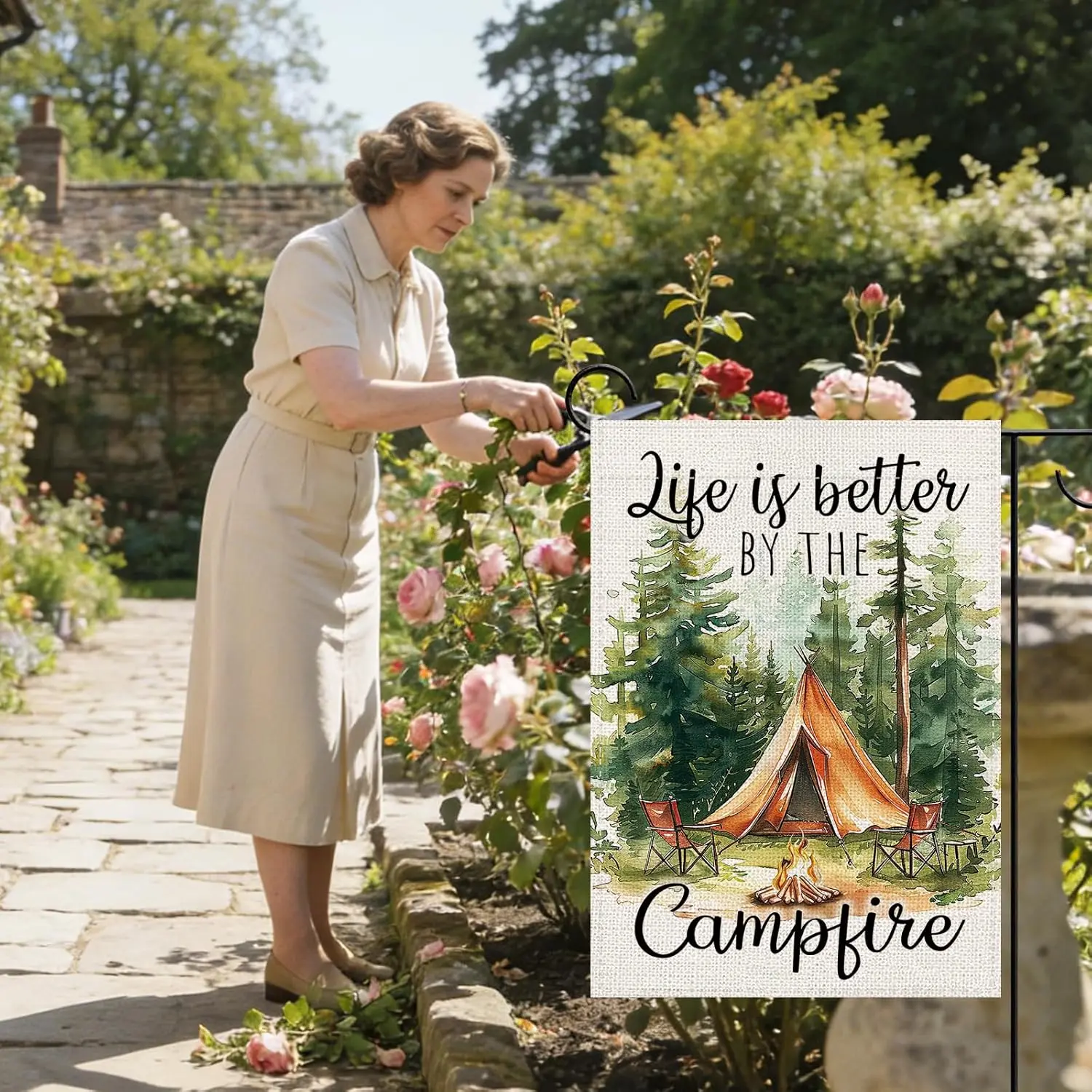 Camping Life is better by the Campfire Decorative Garden Flag, Camper Tent Forest Adventure Small Yard Outside Decorations,  PPM