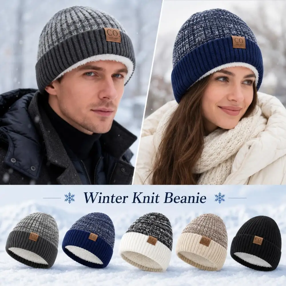 Men Women Fleece Lined Knit Beanie Double Layer Color Block Winter Skull Cap Leather Patch Windproof Outdoor Warm Hat