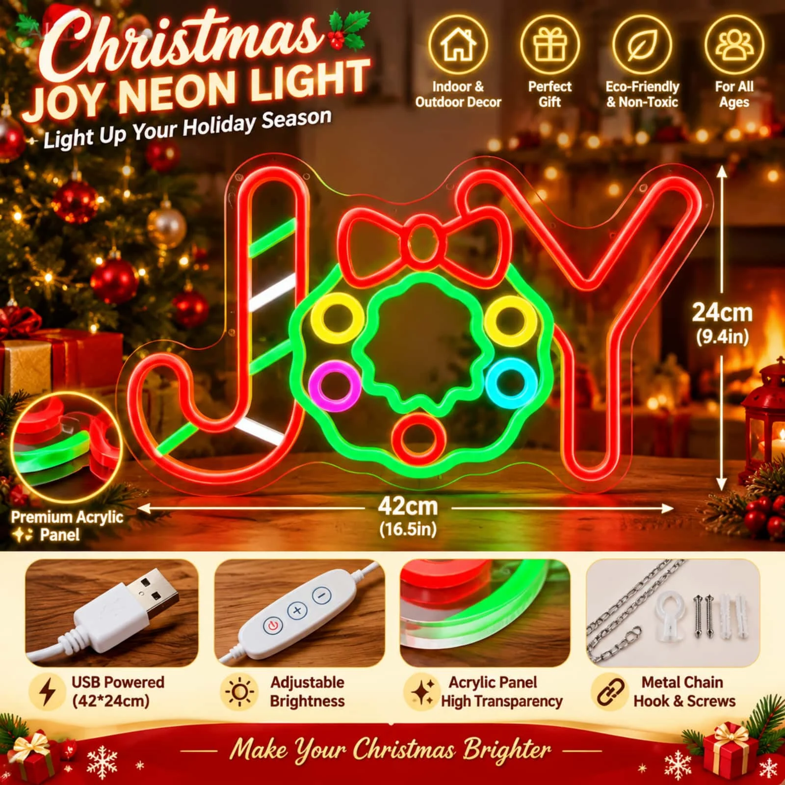 JOY Neon Sign LED Christmas Wreath Letter Light Holiday Decor for Home Shop Window Wall Xmas Party Decorations Gift