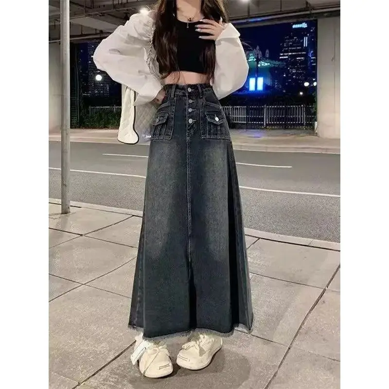 High Waist A-Line Midi Denim Skirt Women Summer Slimming Vintage American Design plus Size Cotton Blend Business Casual Skirt view 3
