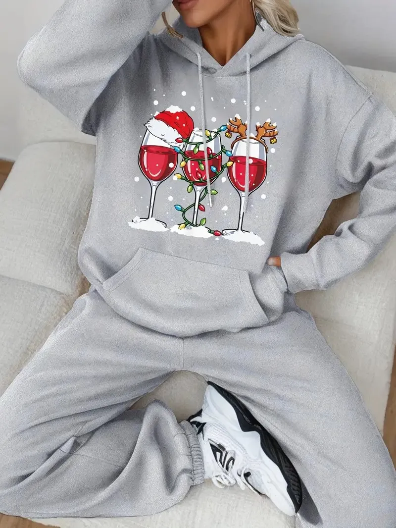 

Christmas print 2 sets, women's hoodie and sweatpants set, comfortable women's clothes suitable for autumn and winter wear