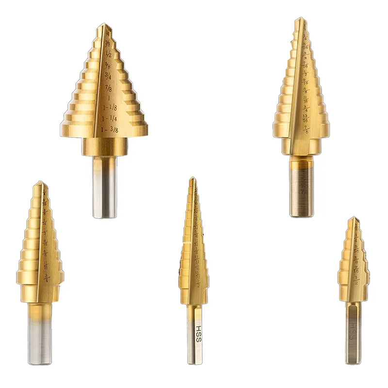 

ABYN-6 Pcs Step Drill Bit Set Titanium HSS Unibit Drill Bits From 1/8 Inch To 1-3/8 Inch Stepped Up Bits & Center Punch