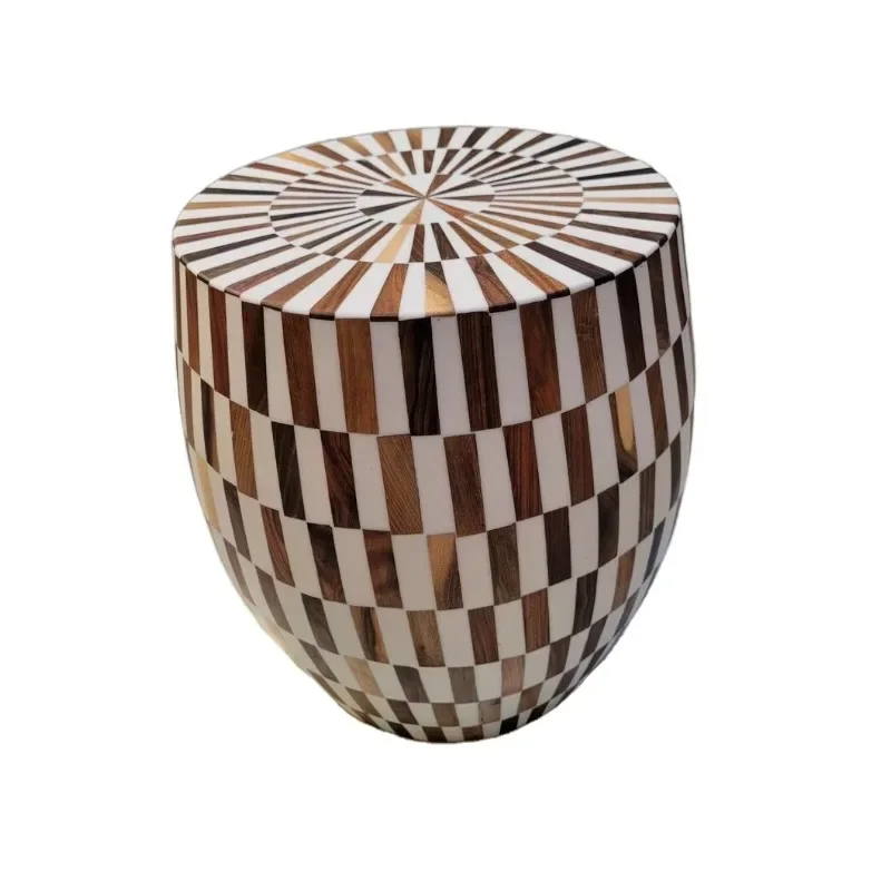 Resin wood inlaid table side stool for bone inlaid console