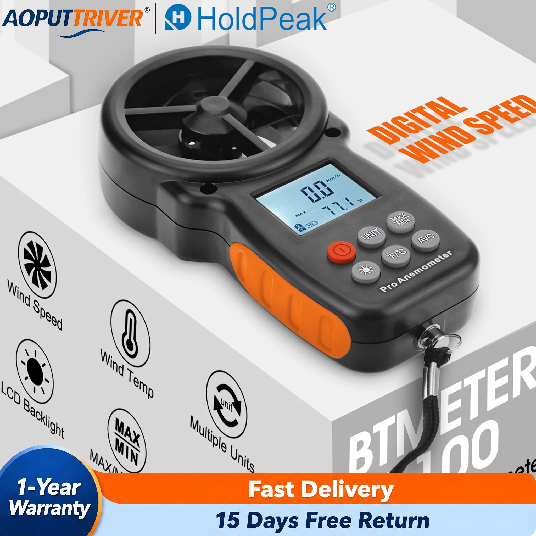 Handheld Digital Anemometer Wind Speed Meter Gauge Air Flow Velocity Tester with Backlight Max/Min/Avg for HVAC Outdoor