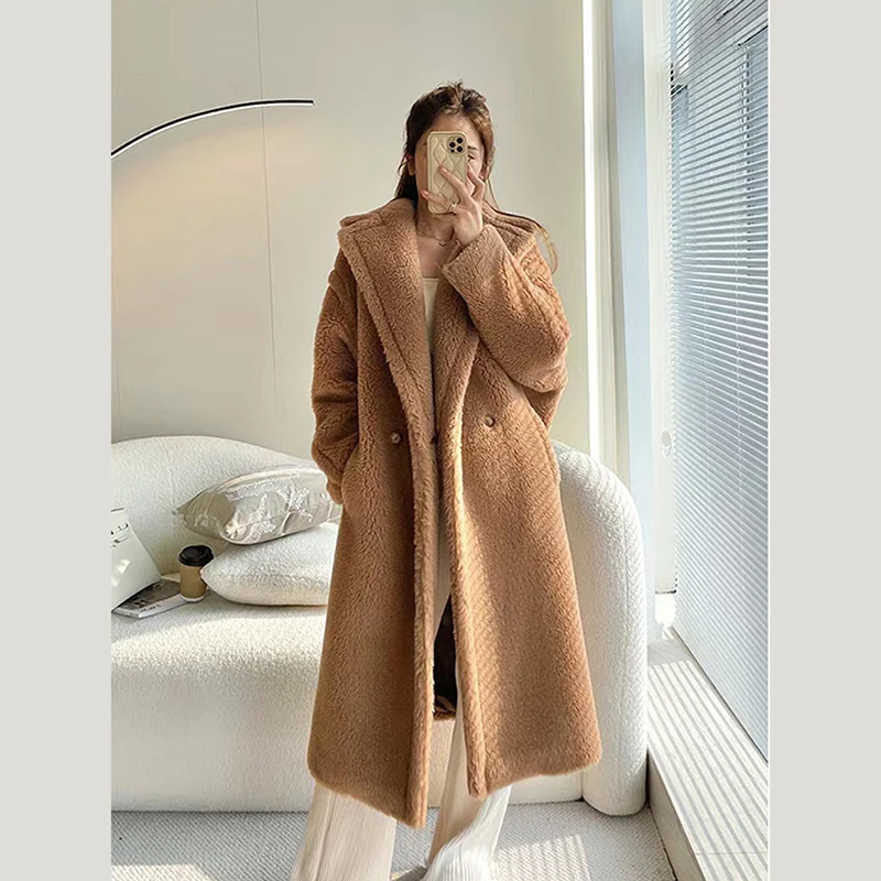 Elegant Faux Fur Midi Coats Female Korean Winter Thick Warm Lapel Pocket Casual Jacket Solid Fluffy All Match Long Outerwear