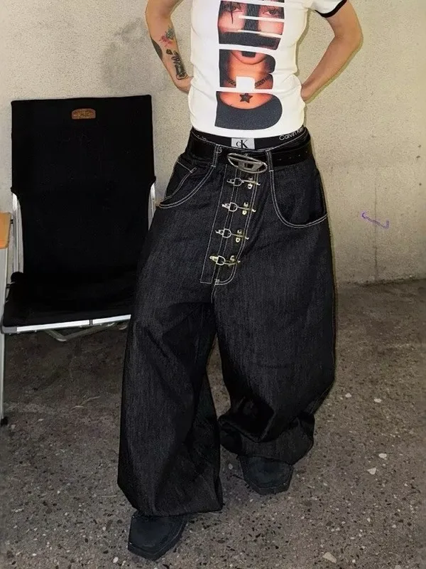 

Womens Metal Buckle Design Curved Wide-leg Jeans High Waist Straight Baggy Denim Pants Female Vintage Street Style Trouser