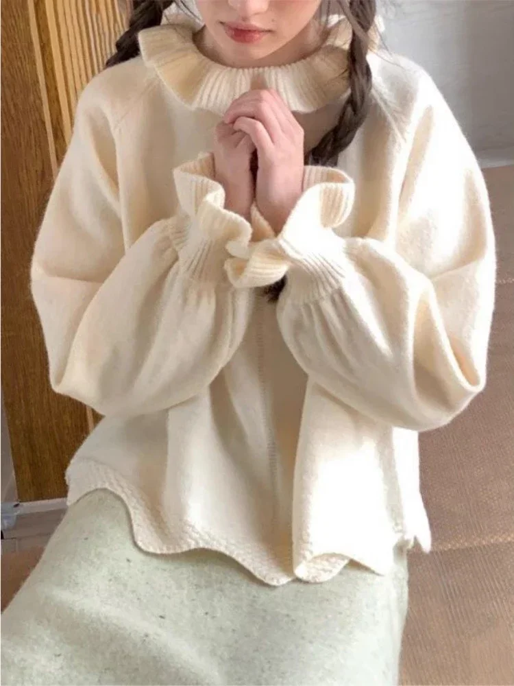 

Милый однотонный свитер с рюшами на воротнике, женский эстетический зимний свободный свитер Y2k, нерегулярные топы, трикотажный джемпер с расклешенными рукавами в стиле Харадзюку