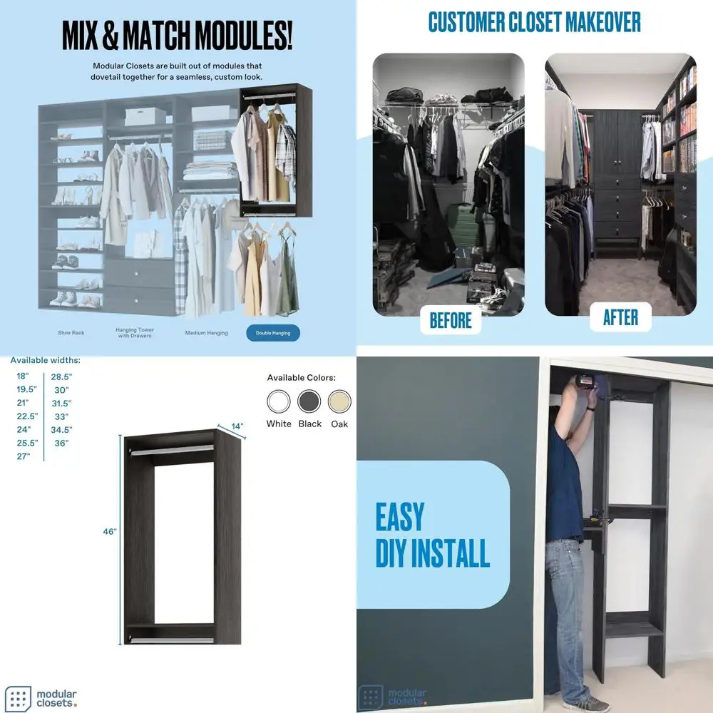 

Double Hanging Closet Unit - ular Closet System - Grey, 36 inches Wide - Includes Shelves