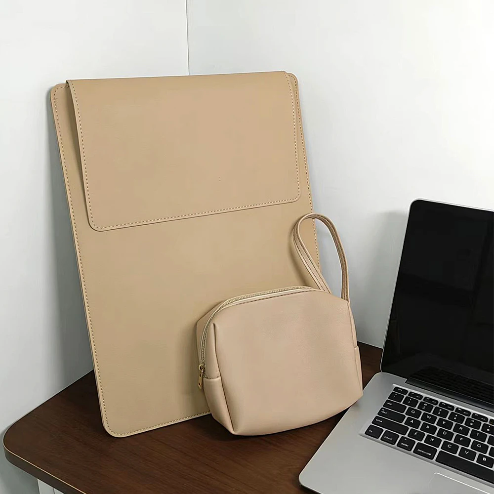 Business Office Commuting Personalized Laptop Pouch Luxury PU Leather Protective Laptop Sleeve With Stand Charger Storage Bag