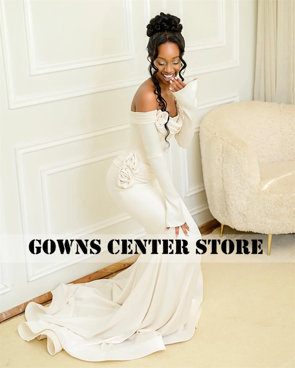 Grazioso abito da sposa a sirena Aso Ebi per spose 2025 maniche a tre quarti con spalle scoperte increspato fidanzamento africano personalizzato