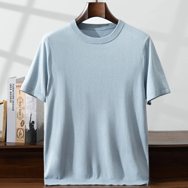 ZOCEPT 15% Cashmere 85% seta di gelso T-Shirt estate uomo solido lavorato a maglia manica corta T-Shirt top Casual o-collo Basic T-Shirt da uomo