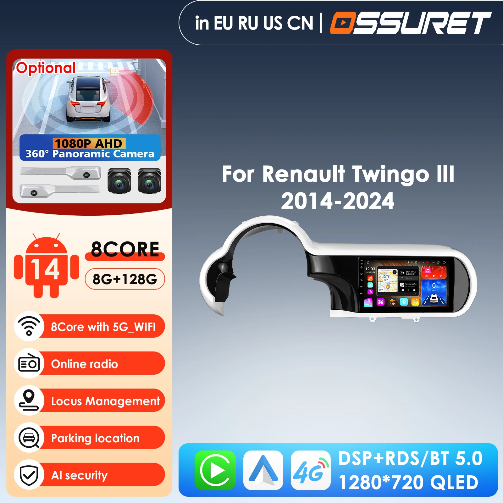 9 polegadas 7862 8Core 360 ° Player Multimídia para Carro com Câmera LTE CarPlay Android Auto para Renault Twingo 3 2014-2024 Unidade de Estéreo GPS