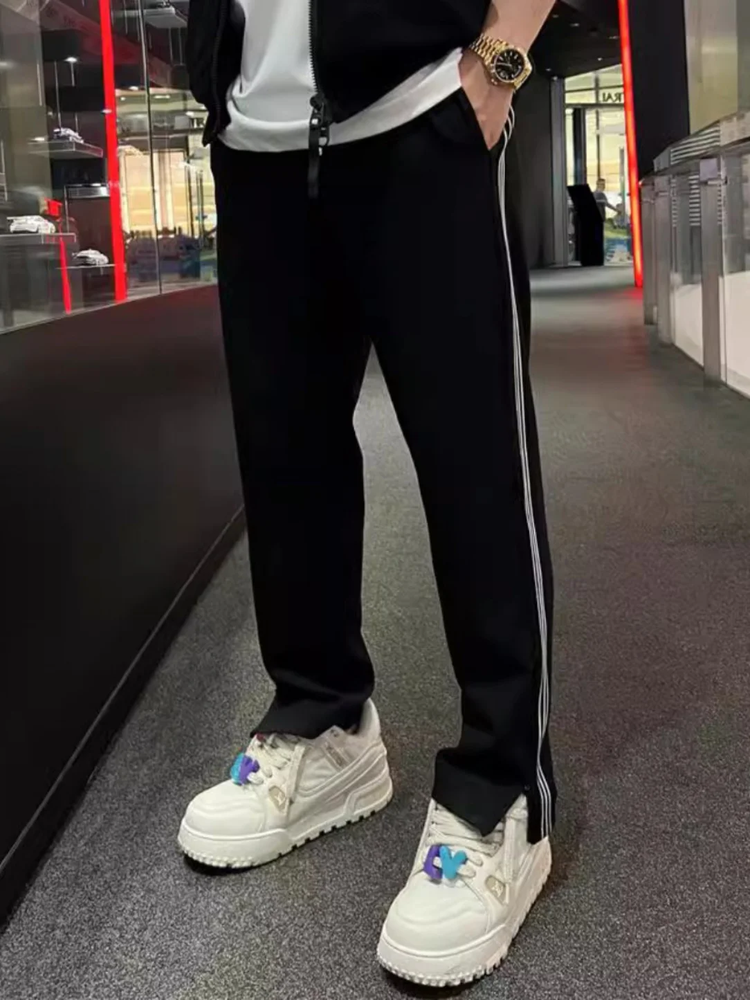 

Мужские повседневные брюки прямого кроя с полосками и вставками в стиле пэчворк, свободные, в европейском стиле, модные, лето 2025