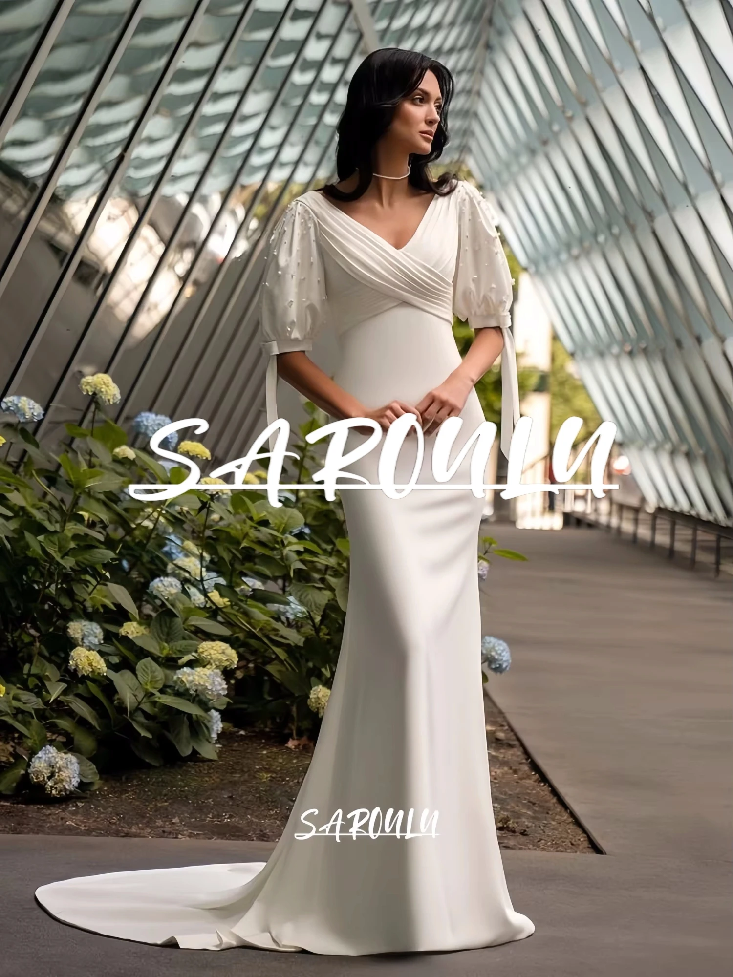 

Pearls Half Sleeves Reception Wedding Dress for Women, Sheath Long Satin Bride Dresses Customized V Neck Court Train Bridal Gown