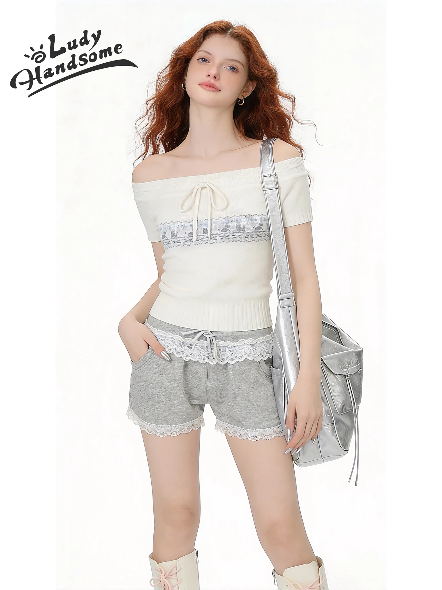 

Женская вязаная футболка LDHS Original Retro с вышивкой, на одно плечо, с коротким рукавом, с поясом, облегающая, с геометрическим животным принтом