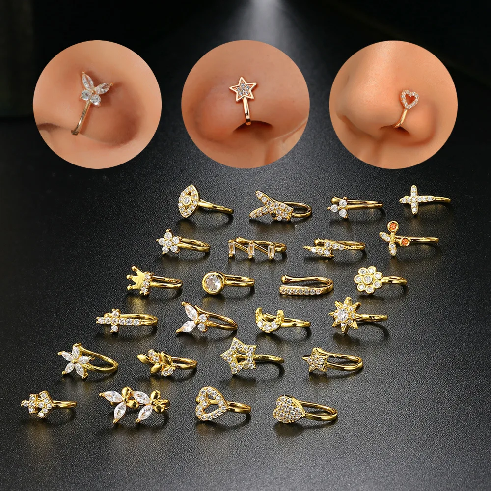 New 1Pc Fake Piercing Clip Nose Ring Cuff for Women Body Jewelry for Female Trend Ear Cuffs Heart Star Flowers Butterfly Clip