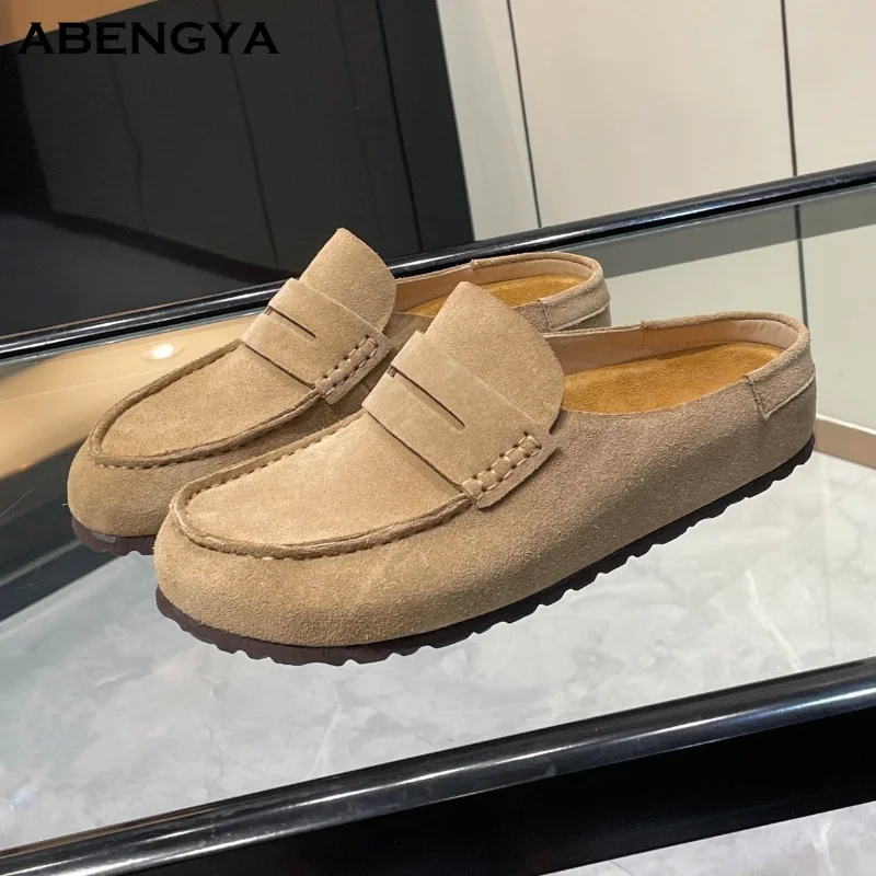 

Designer Khaki Suede Flat Slippers Women Wrap Toe Leather Mules Flat Slides Summer Casual Party Lovers Shoes Women Half Slippers