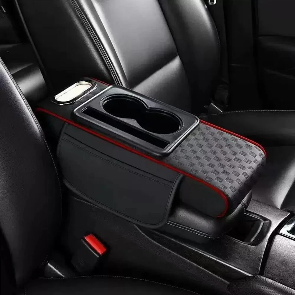 Apoio de Braço Multifuncional para Console Central de Carro com Aumento de Altura, Almofada de Couro PU com Suporte para Copos e Caixa de Lenços Universal