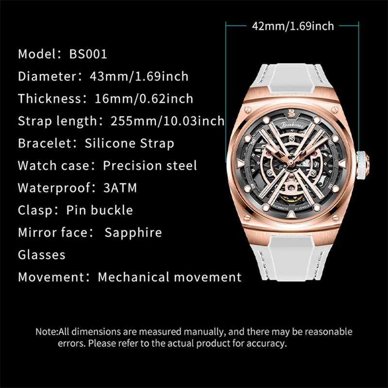 Automatic Mechanical Watch for Men TOP Brand BRUBOSES Original Stainless Steel Waterproof Wristwatch Luxury Luminous Clock+box