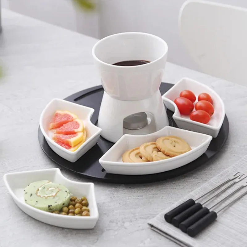White Glazed Ceramic Chocolate Fondue Pot Set, Chocolate Fondue or Cheese Fondue Set