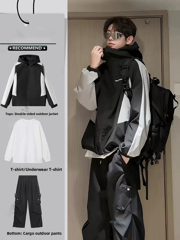

Двусторонний водонепроницаемый американский уличный костюм для альпинизма для мужчин: осенний функциональный модный рабочий комплект из куртки и брюк