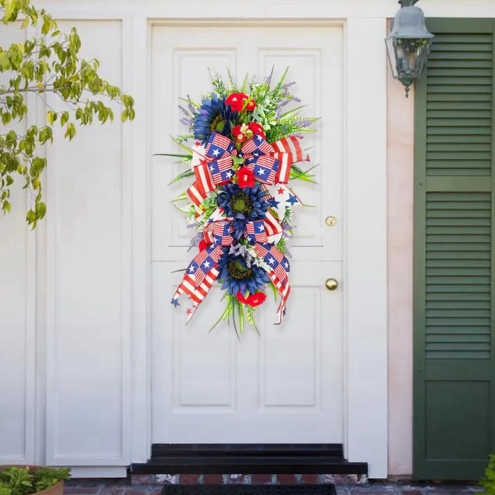 

Patriotic Wreath 4Th of July Wreaths for Front Door, Memorial Day Wreaths, Summer Red White and Blue Flag Theme