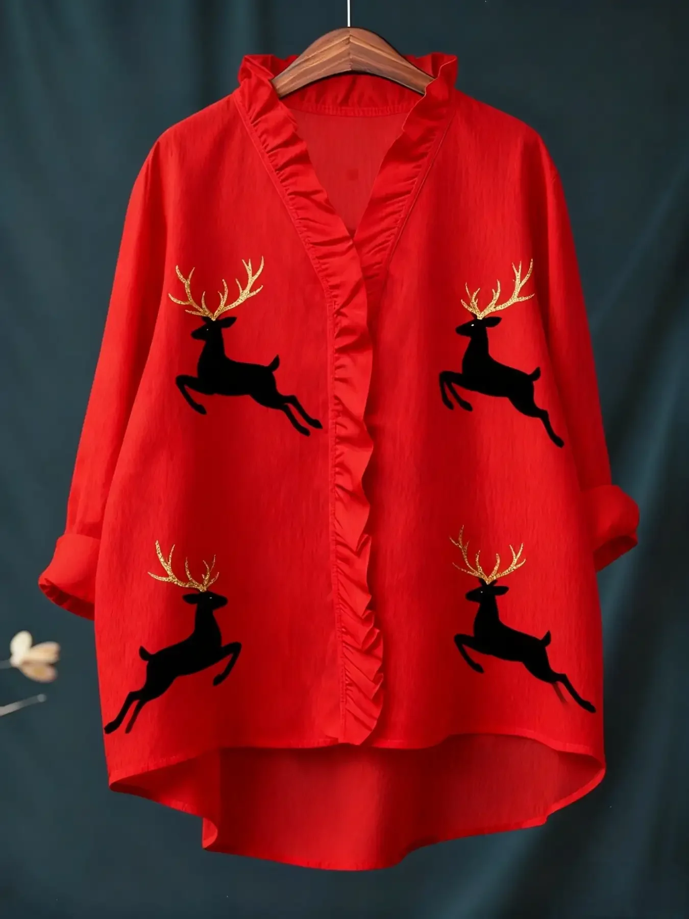 2026 new women's Christmas digital printed long sleeved shirt with ruffled collar, Loose casual semi formal top