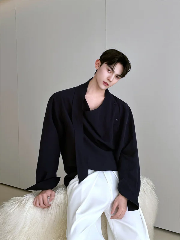 

Retro Flannel irt Men's Long Sve Overhead Design Sense Ankle-Length Vintage Sle Pure Color Loose Fit Spring Summer