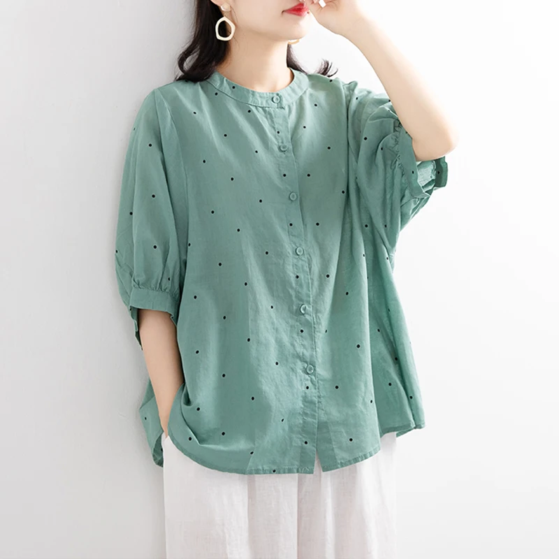 Women's Cotton Linen ort Sve irt round Ne Polka Dot Casual Top Comfortable Breathable Summer Faion