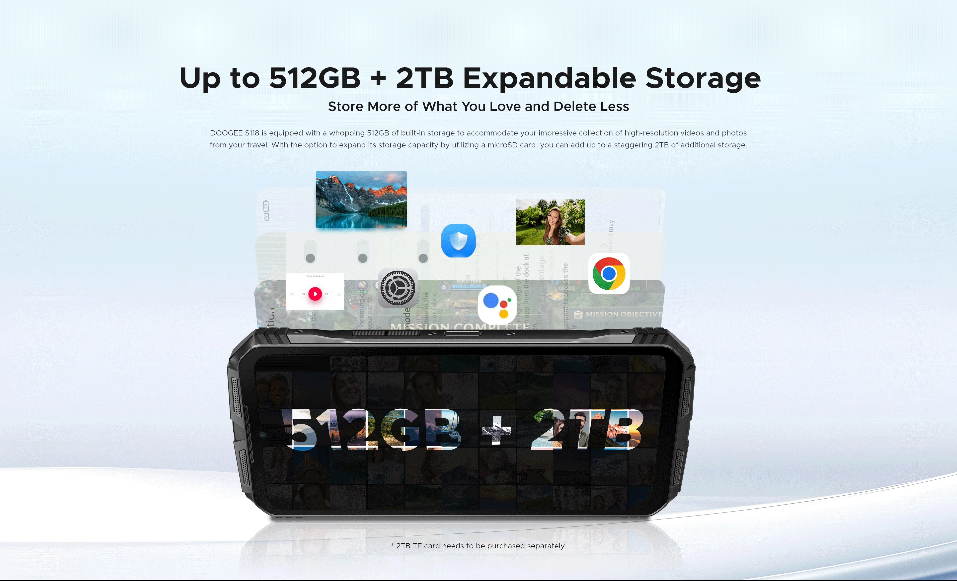 Прочный смартфон DOOGEE S118, расширенный 32 ГБ (12 ГБ + 20 ГБ), 512 ГБ G100, 6 нм, 10800 мАч, 33 Вт, Android 14 NFC